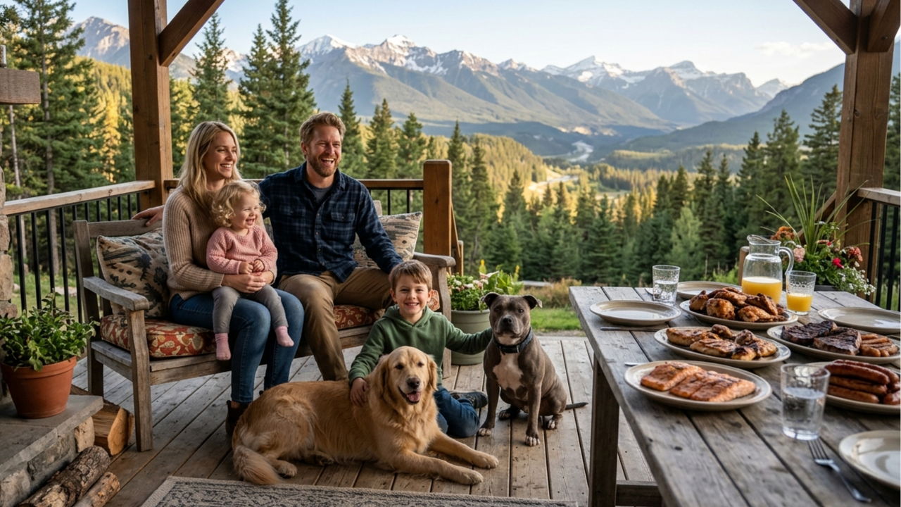 Family of four with two dogs sharing a carnivore meal on a mountain cabin deck