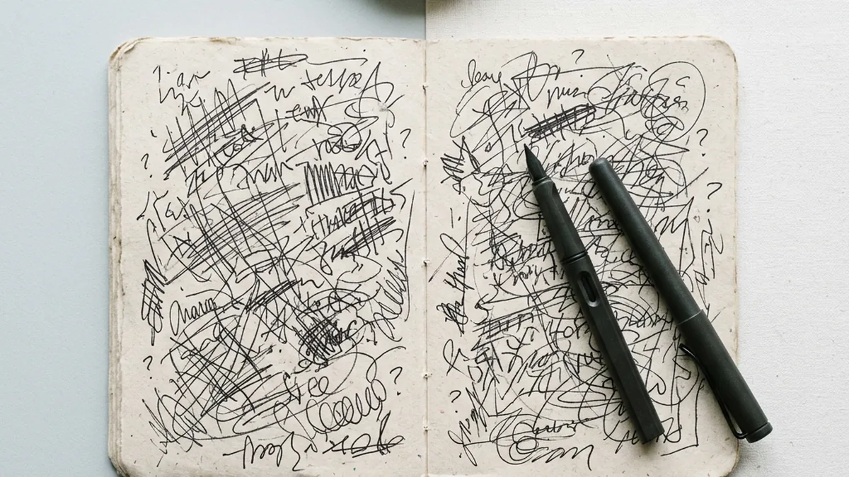 Overhead flat-lay of a paper food diary with tangled, overlapping handwritten annotations and scattered question marks, suggesting too many variables obscuring a pattern