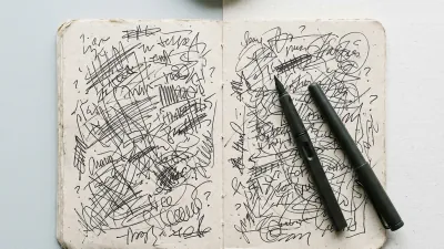 Overhead flat-lay of a paper food diary with tangled, overlapping handwritten annotations and scattered question marks, suggesting too many variables obscuring a pattern
