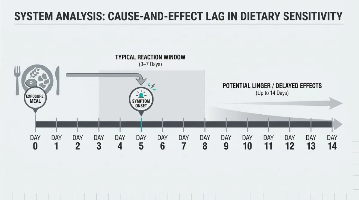 Timeline graphic showing a meal marker on Day 0 and a symptom marker landing on Day 3–5, with a shaded band spanning the 3–7 day window and a thin tail extending toward day 14