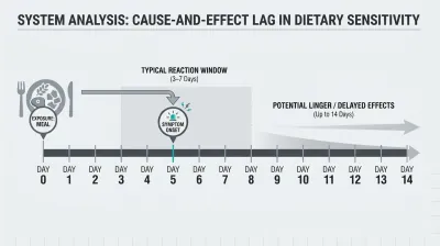 Timeline graphic showing a meal marker on Day 0 and a symptom marker landing on Day 3–5, with a shaded band spanning the 3–7 day window